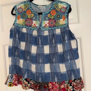 John Mark Blue Plaid Blouse with Floral Embroidery. Size large